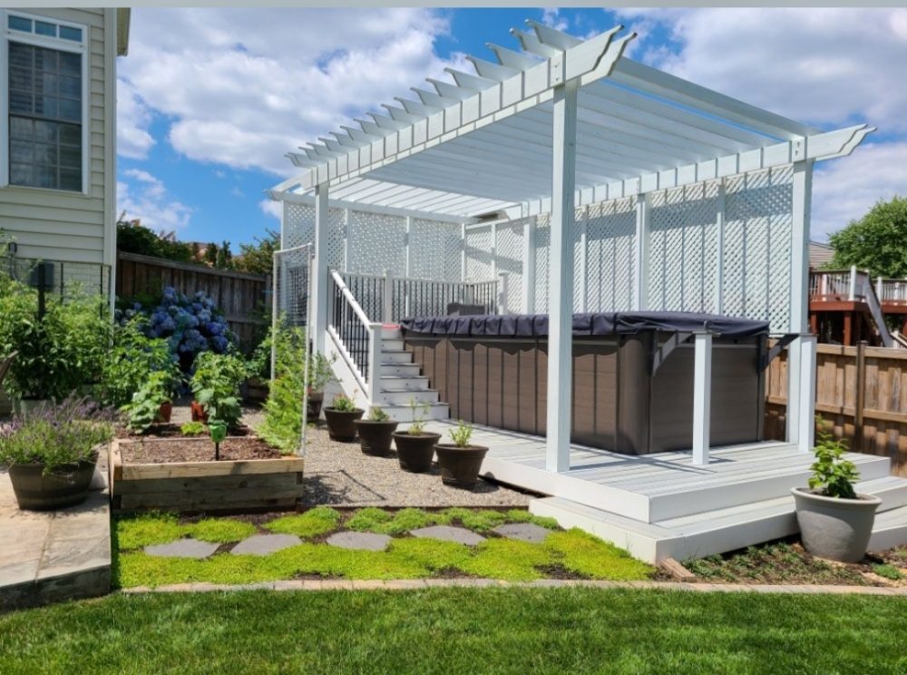 Deck with built-in planters and string lights